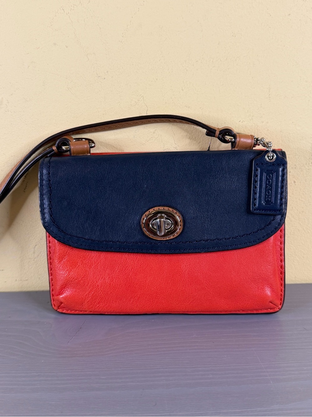 Coach Two-Tone Leather Turnlock Crossbody in Navy & Red
